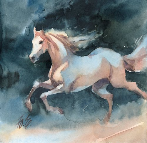 Running white horse in watercolor by Yulia Evsyukova