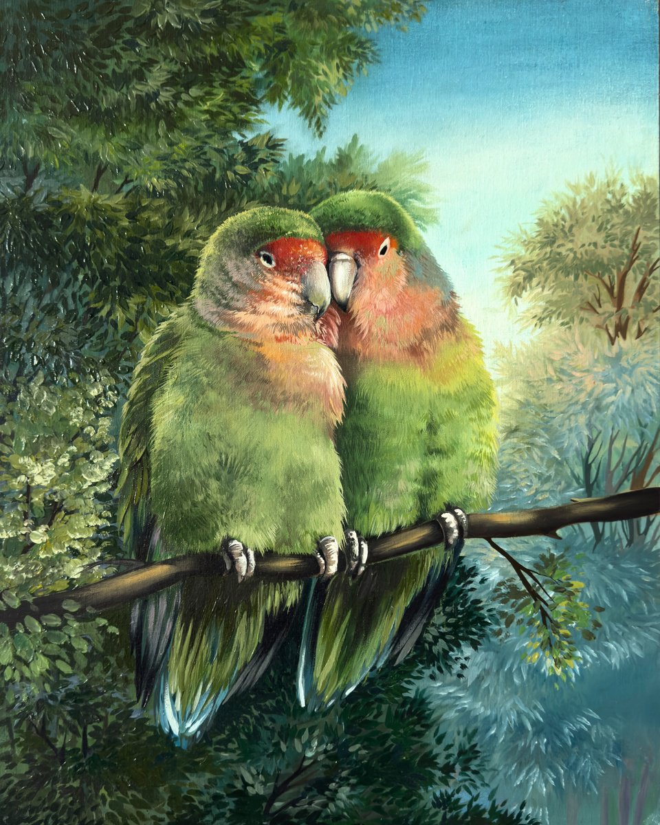 Impressionistic Animal Oil Painting By Anastasia Parfilo, 16 X 20, Parrots Agapornis, Original Artwork