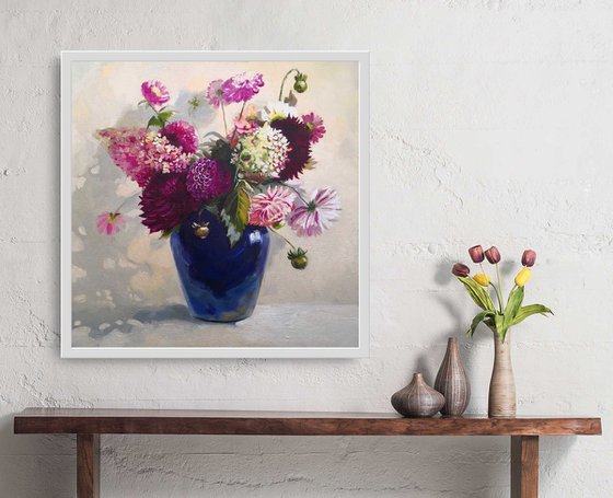 Flowers Bouquet in a blue glass vase still life