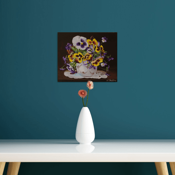 Pansies in a White Ceramic Vase