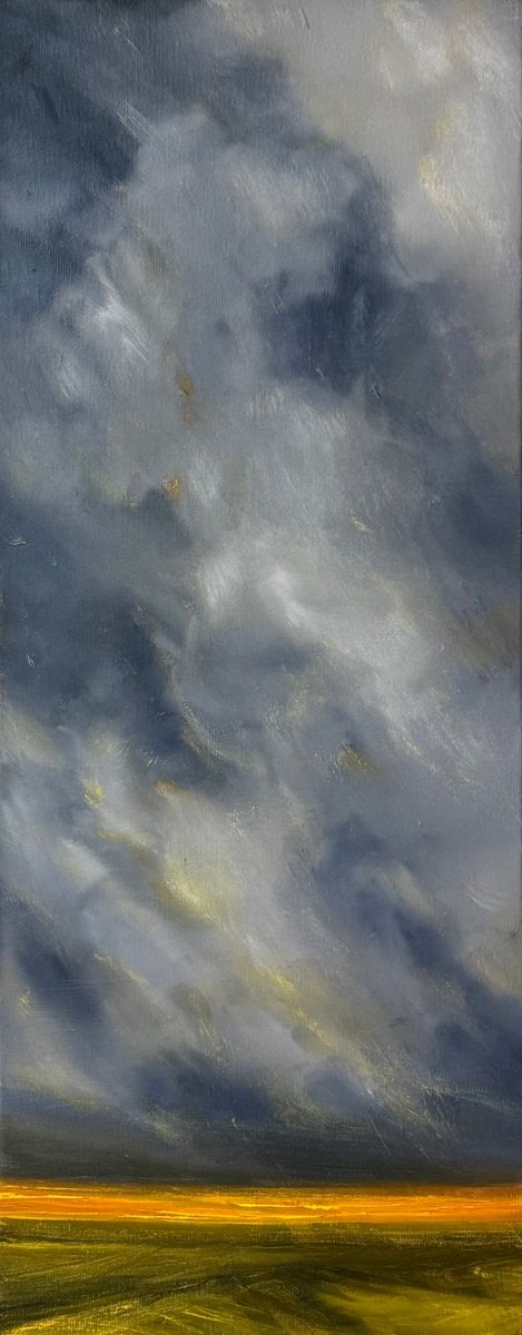 Impressionistic Landscape Oil Painting By Daiva Karaliute, 9 X 22, Dancing Clouds, Original Artwork