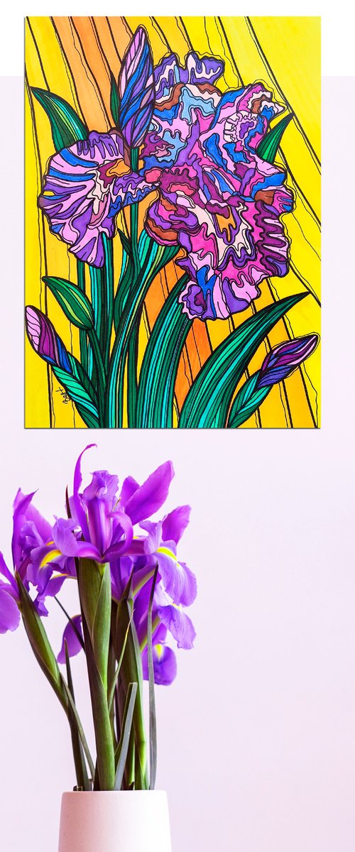 Irises - purple lilac yellow abstract flowers in stained glass cubism style by BAST
