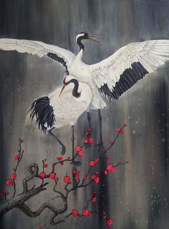 Couple Japanese Red Crowned Cranes and Plum Blossom - Birds Pair - Valentine’s Day