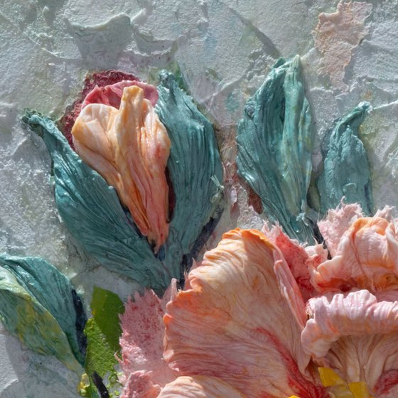 Peach Bloom Sculptural Floral Relief Art