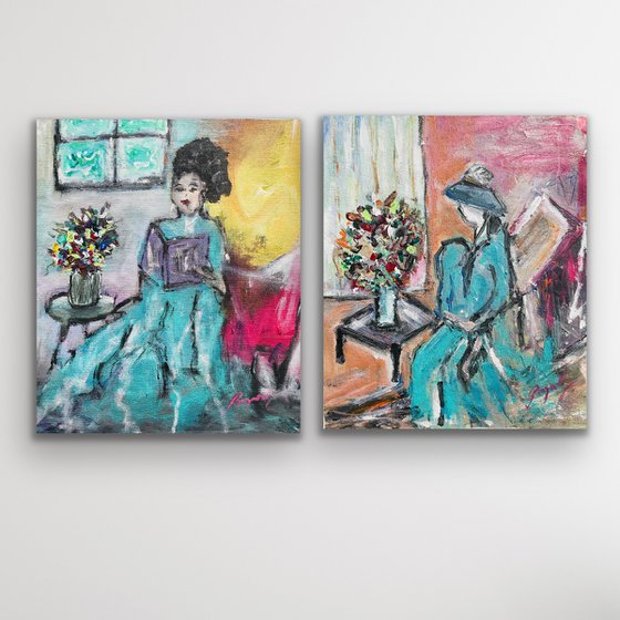 Girl reading a book and vase of flowers - Diptych