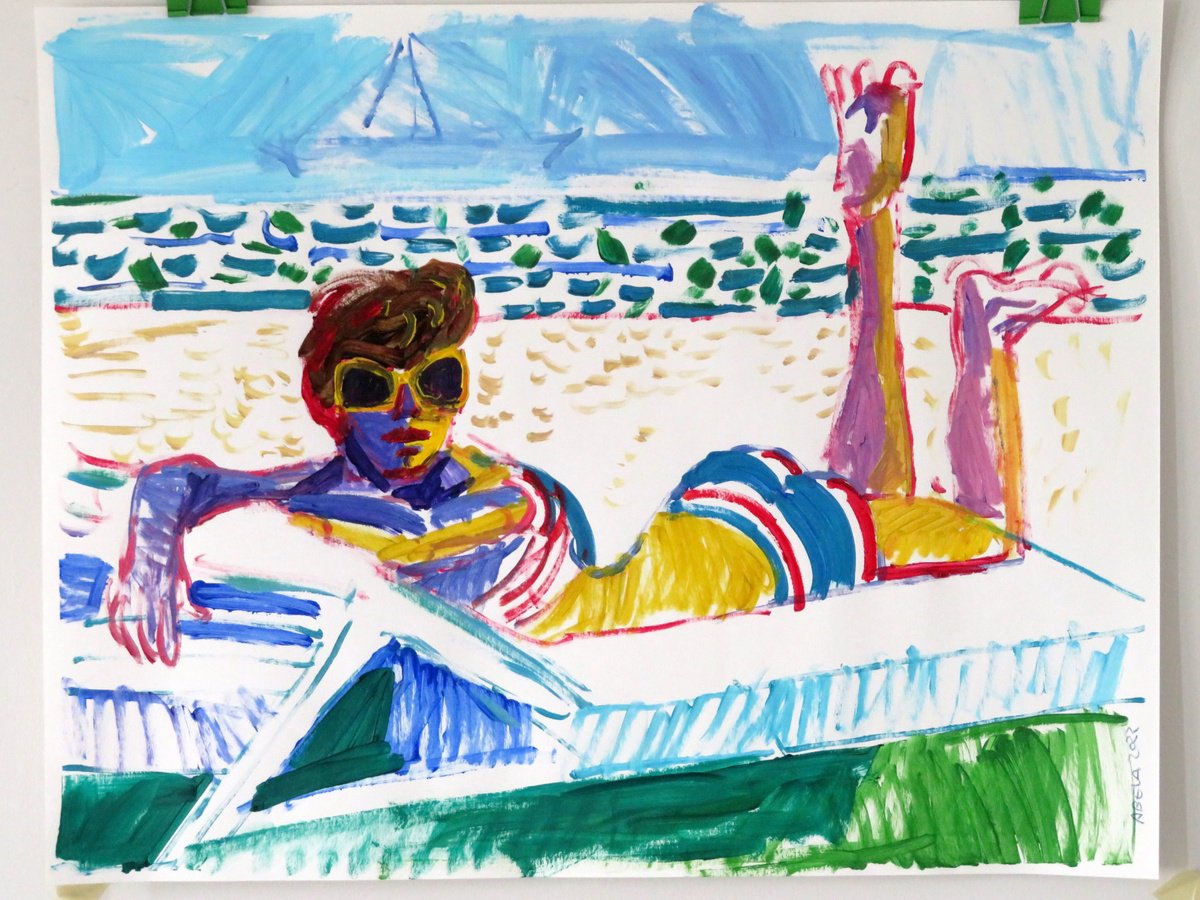 Impressionistic Landscape Acrylic Painting By Stephen Abela, 28 X 20", The Beach With Woman Sunbathing, Original Artwork