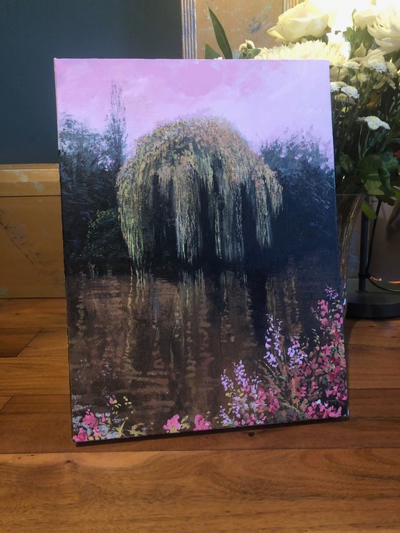 'The Elsham Willow II' Summer Peaceful Tree Reflections in Lake Impressionist Style Oil Painting