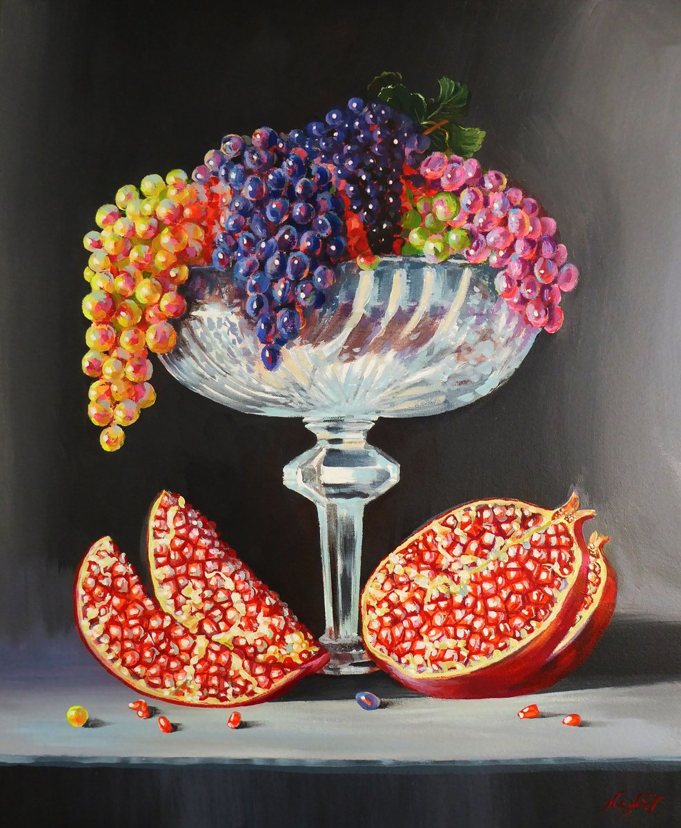 Impressionistic Still Life Acrylic Painting By Narek Hambardzumyan, 24 X 29", Pomegranate And Grapes, Original Artwork