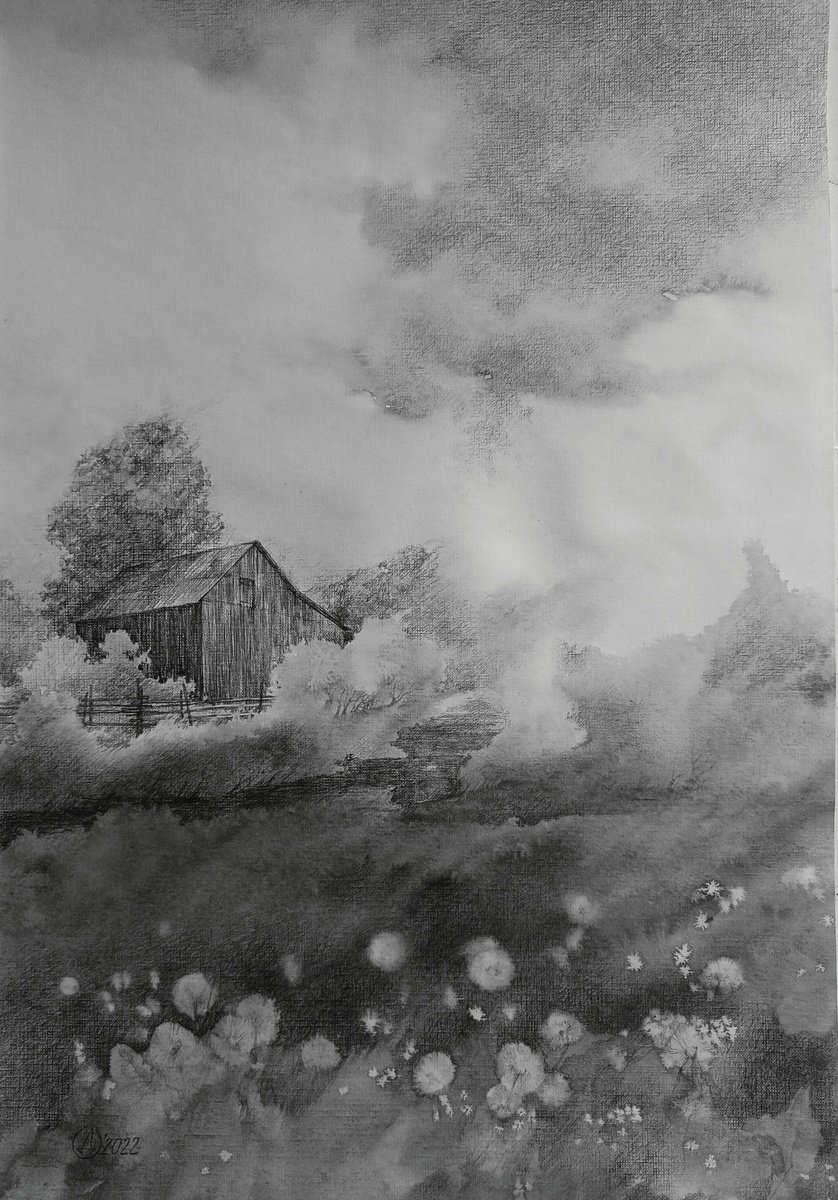 Impressionistic Landscape Pencil Drawing By Oksana Duchenchuk, 16 X 24", Be Wild Ii, Original Artwork