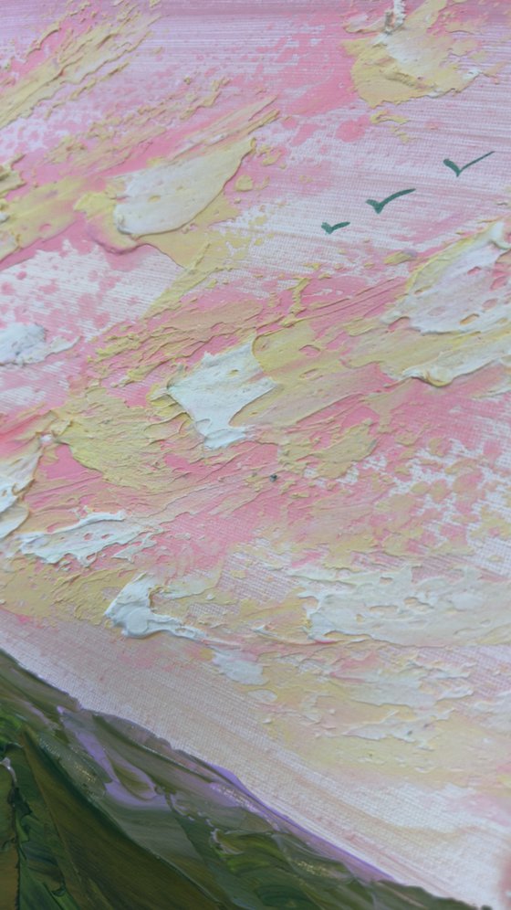 Impressionistic impasto clouds pink green
