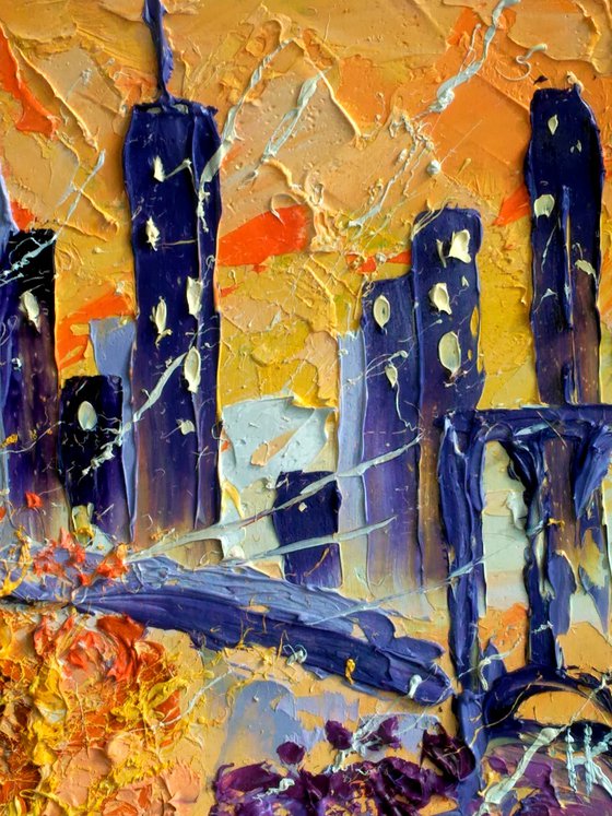 NYC Fall Painting Cityscape Original Art New York Small Oil Artwork Autumn Impasto Pallete Knife Wall Art 8 by 8" by Halyna Kirichenko