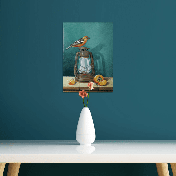 Still life with bird and kinglet-1 (25x35cm, oil painting, ready to hang)