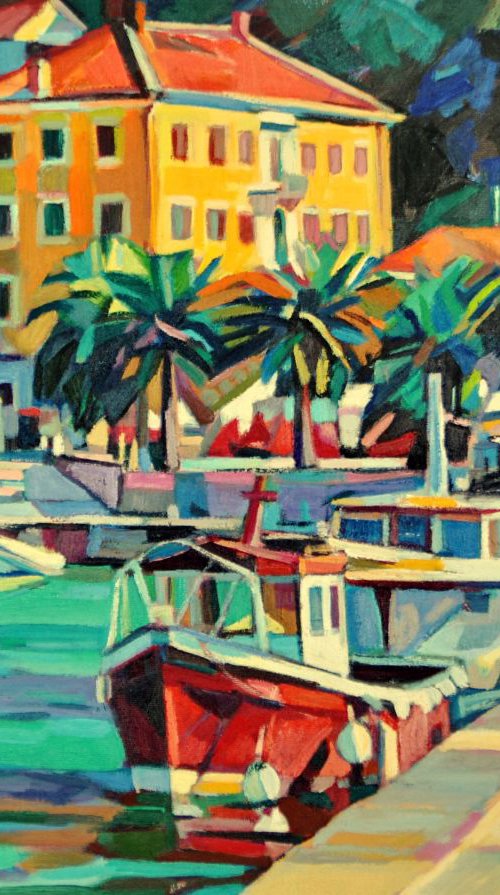 Red boat at marina by Maja Đokić Mihajlović