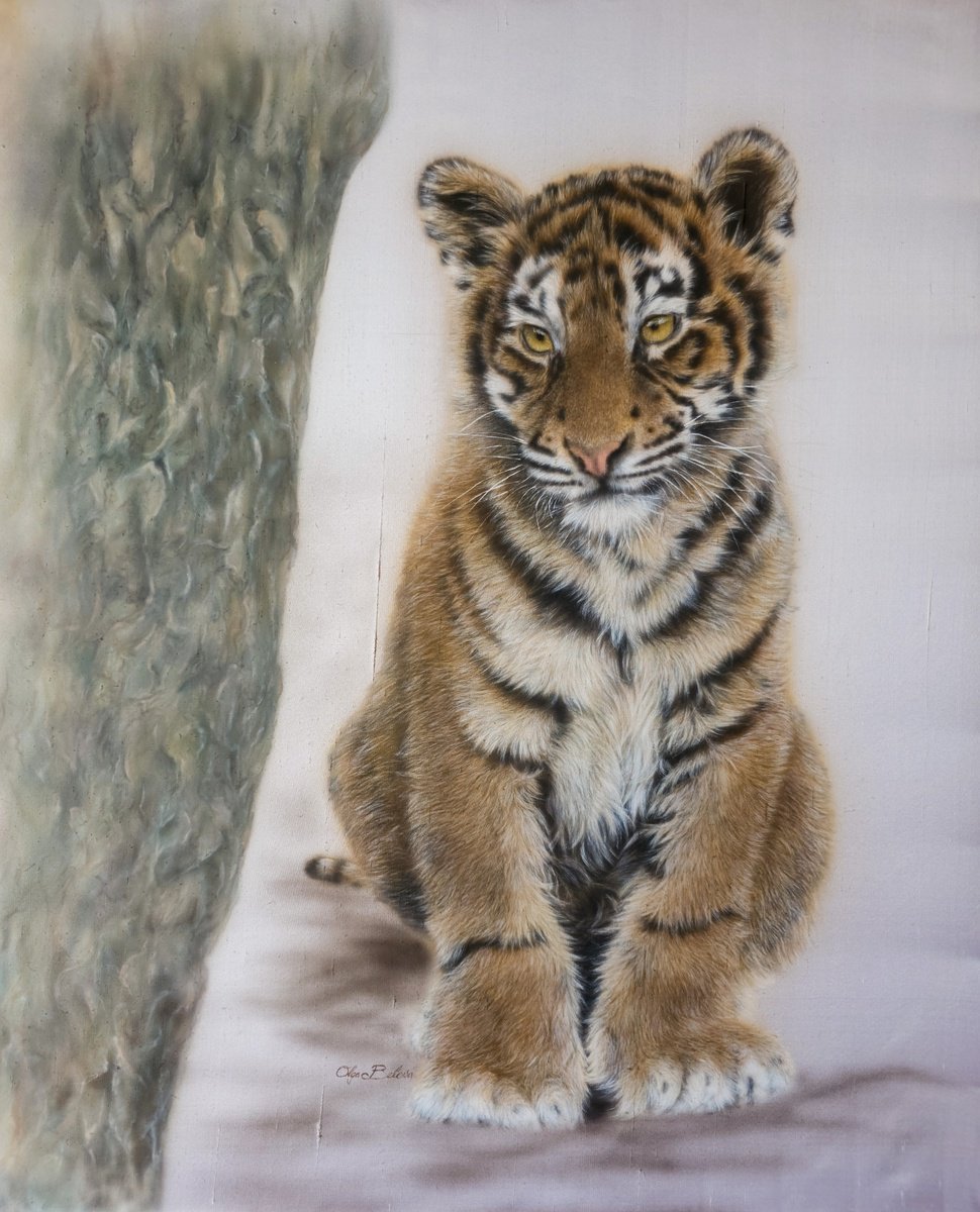 Crispin - Silk painted tiger cub portrait by Olga Belova