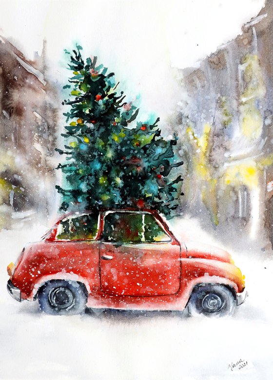 Christmas Art - ORIGINAL Watercolor Painting - Holidays Spirit - Red Retro Car in Snow