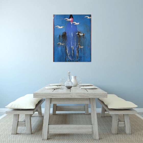 Silent Ascension – Blue Figure with Birds