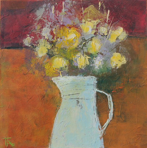 Spring bouquet in a white jug.