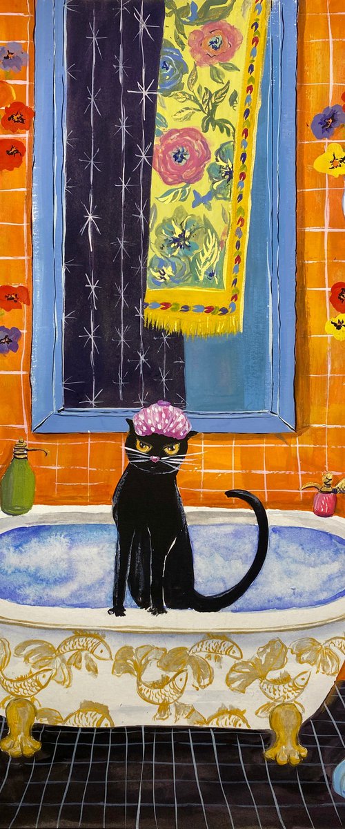 Whiskers and Whims: Home Adventures of a Black Cat - Bath time by Tetiana Savchenko