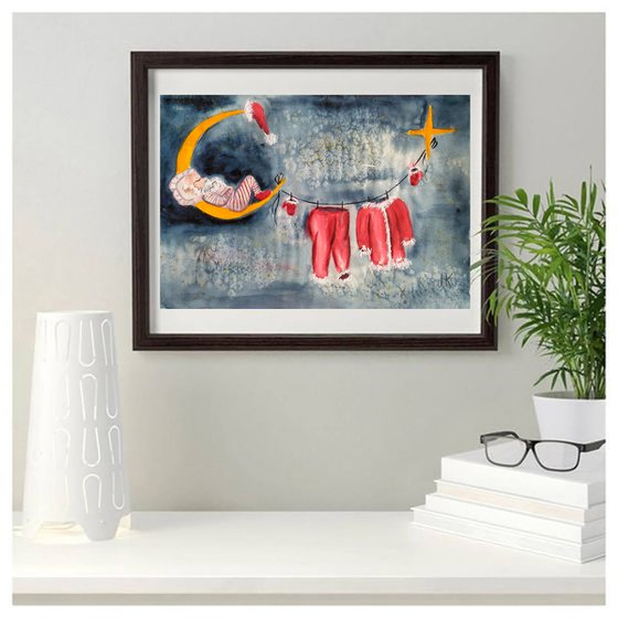 Santa Claus Painting Christmas Original Art Sleeping Santa Small Watercolor Moon Artwork Home Wall Art 14 by 10" by Halyna Kirichenko