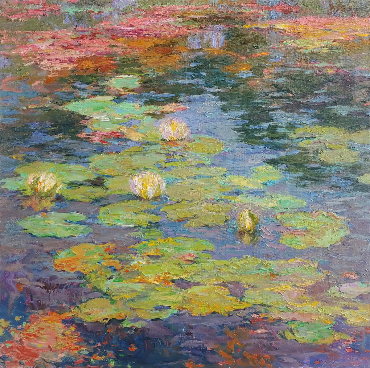 Impressionistic Botanical Oil Painting By Svitlana Koval, 18 X 18", White Water Lilies. Summer, Original Artwork