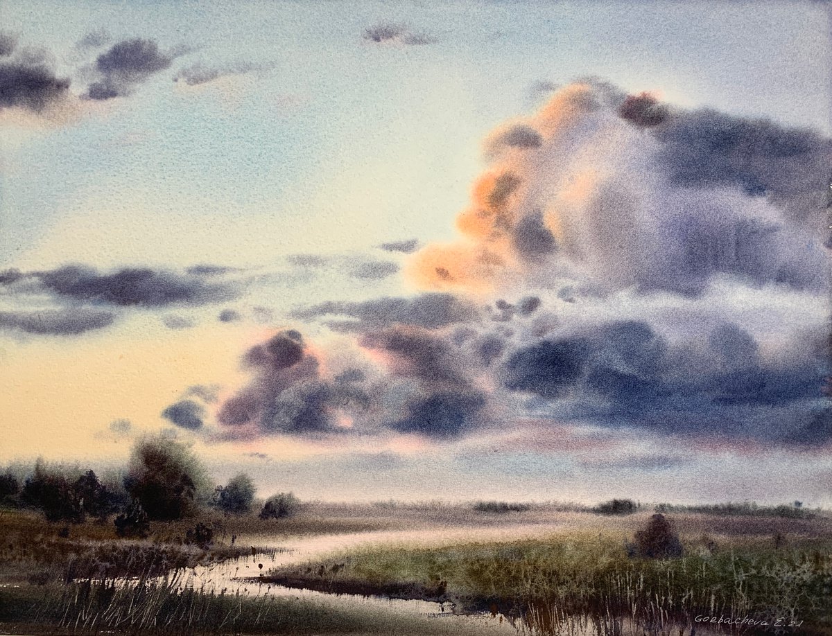 Impressionistic Watercolour , Clouds Over The River #4 By Eugenia Gorbacheva, 16 X 12, Artwork For Sale On Artfinder