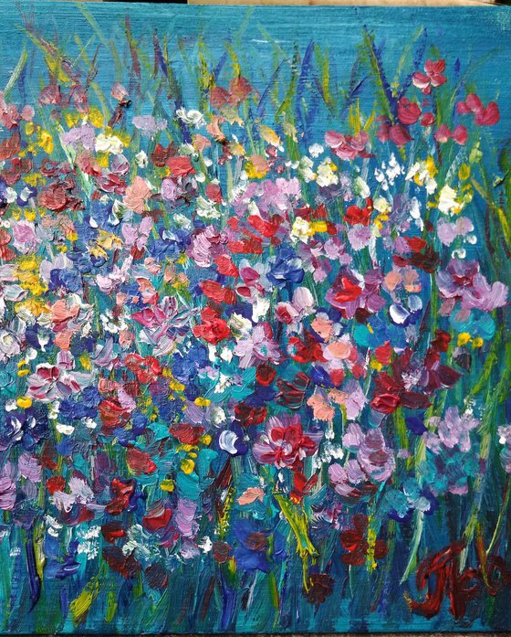Wildfowers on the meadow oil and acrylic painting on canvasboard