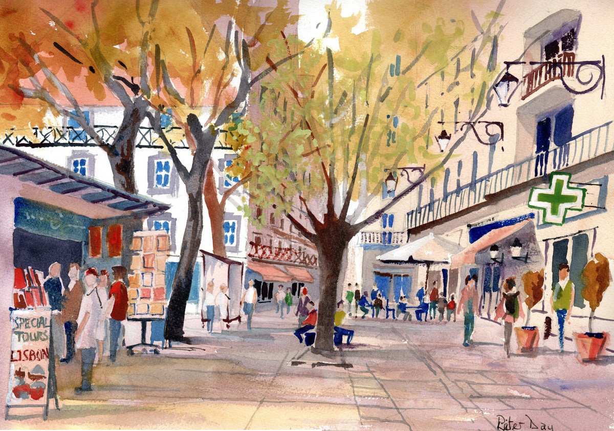 Impressionistic Cityscapes Watercolour By Peter Day, 17 X 13", Lisbon, Praca De Pedro Iv, Original Artwork