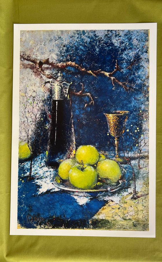 Cozy blue still life with apples