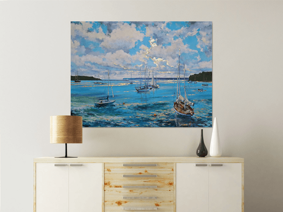 Morning on the bay (mixed-media, acrylic and gold leaf) (36x48x1.5")