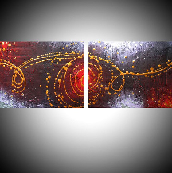 large triptych metallic wall art gold silver abstract original painting galaxy " Cosmic Symphony " diptych canvas purple crimson red - 40 x 16 inche