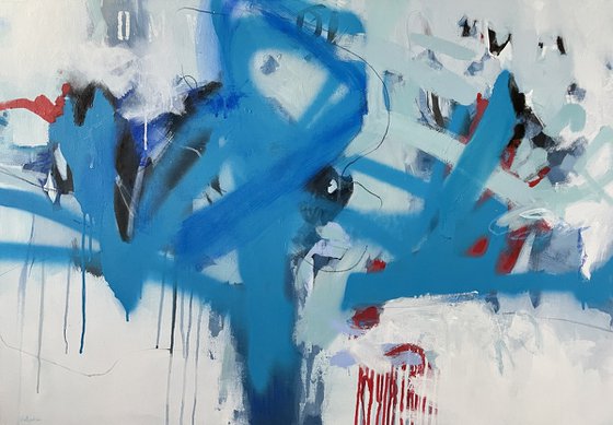 ON MY WAY - 100 x 70 CM - ABSTRACT PAINTING ON CANVAS * BLUE * WHITE