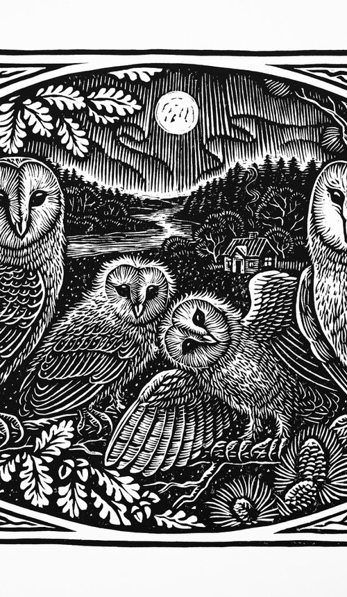 Owl linocut print. by Valdis Baskirovs