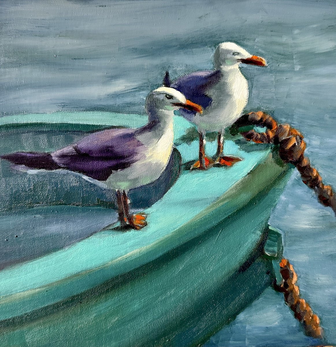 Impressionistic Animal Oil Painting By Grace Diehl, 8 X 8, Harbor Companions, Original Artwork