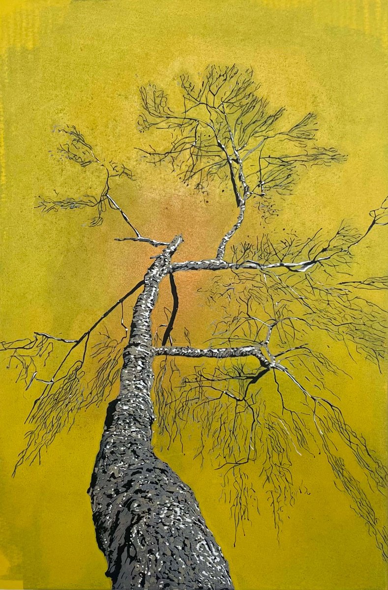 Impressionistic Landscape Linocut By C Staunton, 11 X 15, Birch Tree Linocut Print, Original Artwork