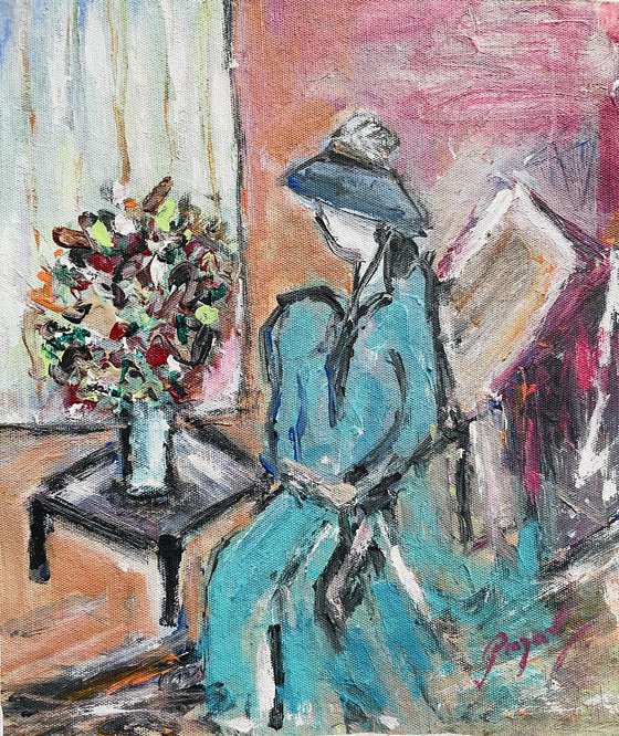 Girl reading a book and vase of flowers - Diptych