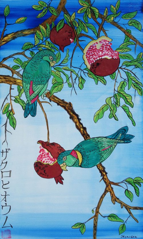 pomegranate and parrots Japan Hieroglyph original artwork in japanese style J102 ready to hang painting acrylic on stretched canvas wall art by Ksavera