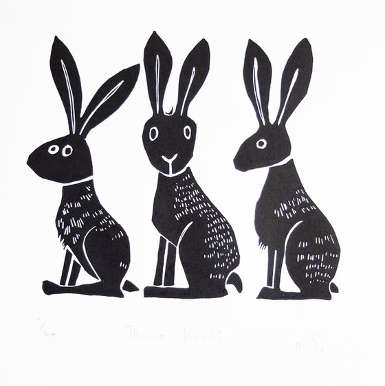 Three Hares - lino cut print