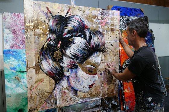 Shizukesa 120cm x 120cm Geisha Book Page Textured Abstract Realism Art