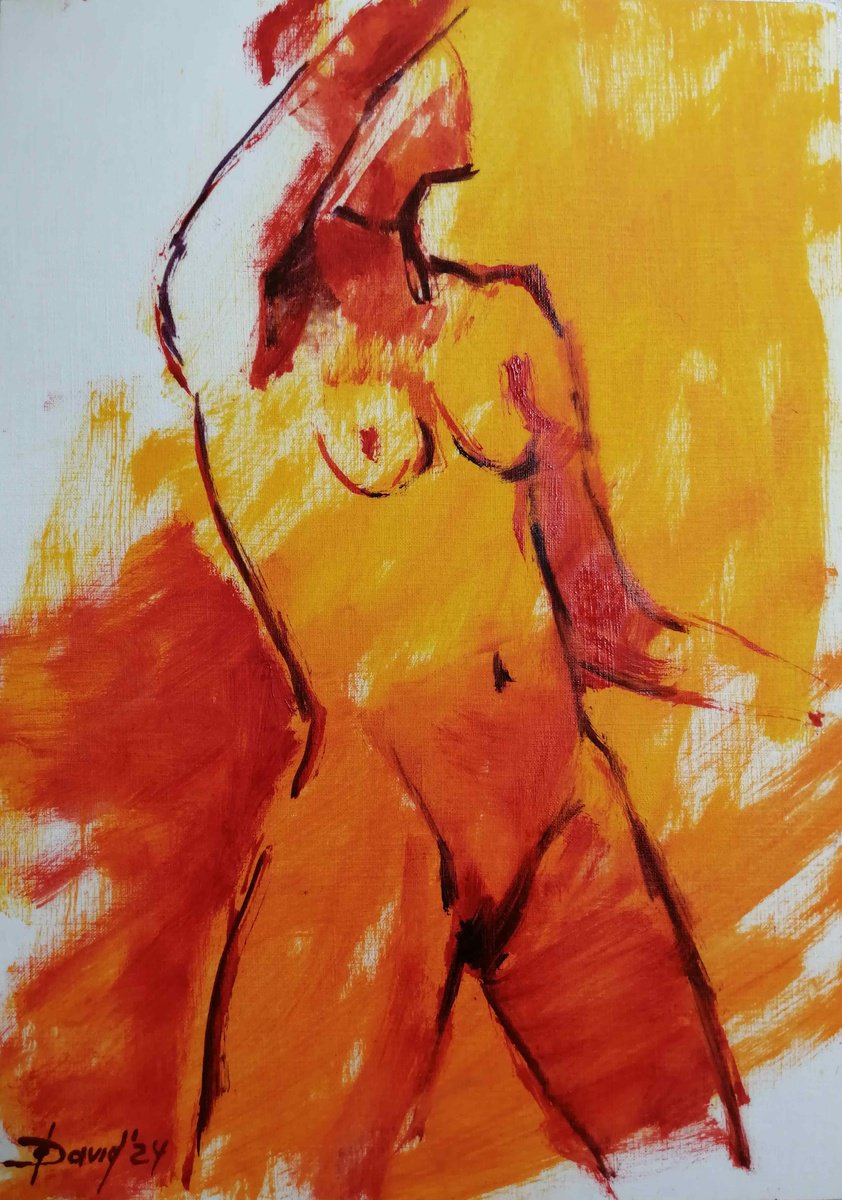 Nude yellow study women oil on paper by Olga David