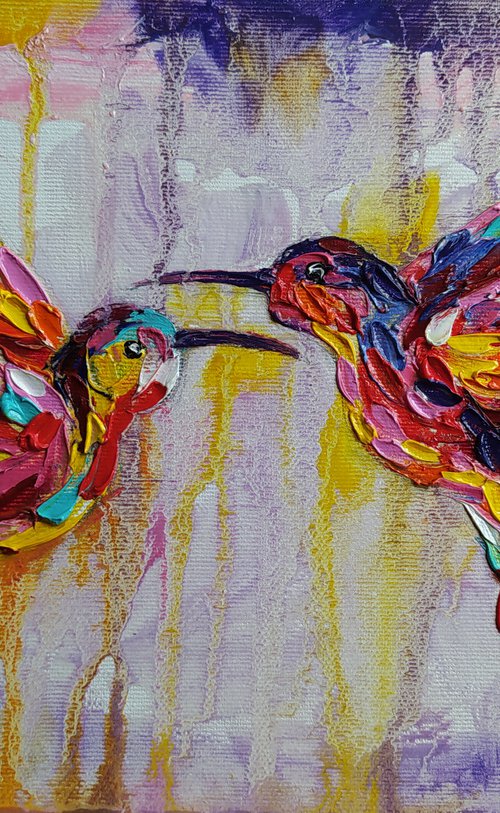 Love in the rain - hummingbirds, birds, hummingbirds oil painting, birds oil painting, love oil painting, love, animals, oil painting, art bird, impressionism by Anastasia Kozorez
