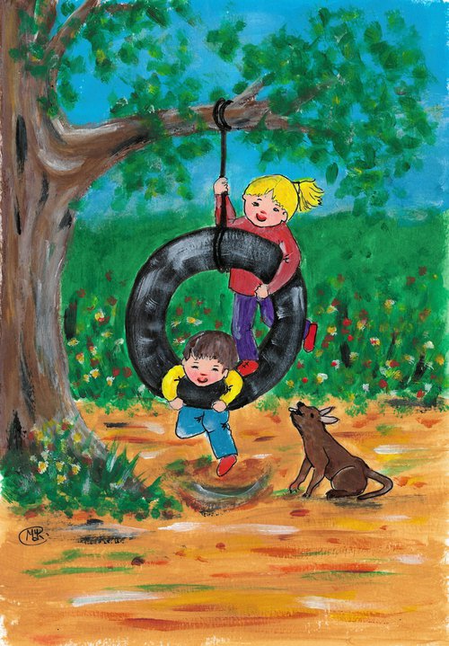 Children Playing on a Tire Swing by MARJANSART