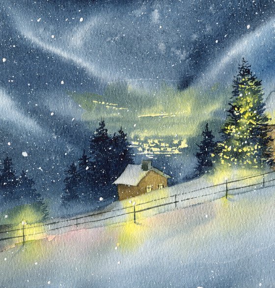 Silence in the mountains. Winter landscape. Original watercolor artwork.