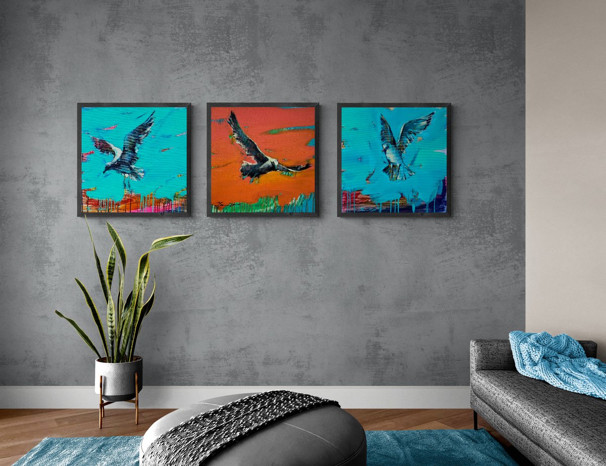 Huge bright triptych - Sea   breeze - Pop Art - Bird - Sea - Ocean - Seagull - Triptych... by Yaroslav Yasenev