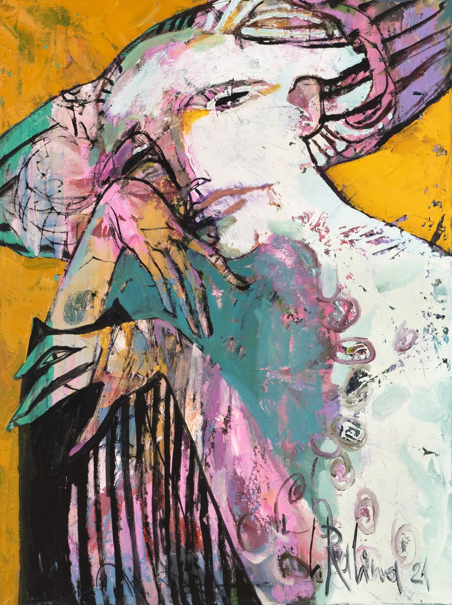 Abstract Oil Painting By Yelena Ralina, 24 X 31", The Tale Of The Misty Moon, Original Artwork