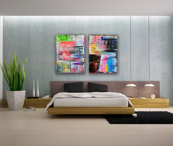 "Meet Me Halfway" - Original PMS Large Abstract Acrylic Painting Diptych On Canvas - 60" x 40"