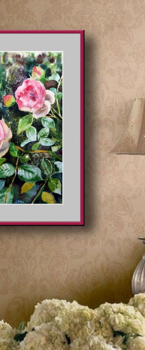 Pink Roses Watercolor Painting Loose Floral Aquarelle Art by Ion Sheremet