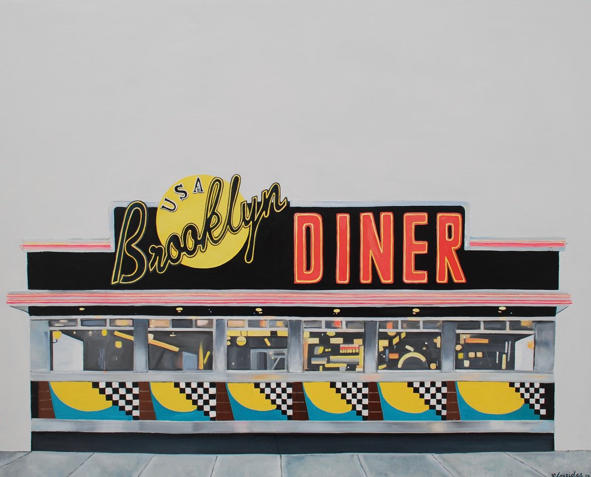 Urban And Pop Cityscapes Oil Painting By Emma Loizides, 30 X 24, Brooklyn Diner, Original Artwork