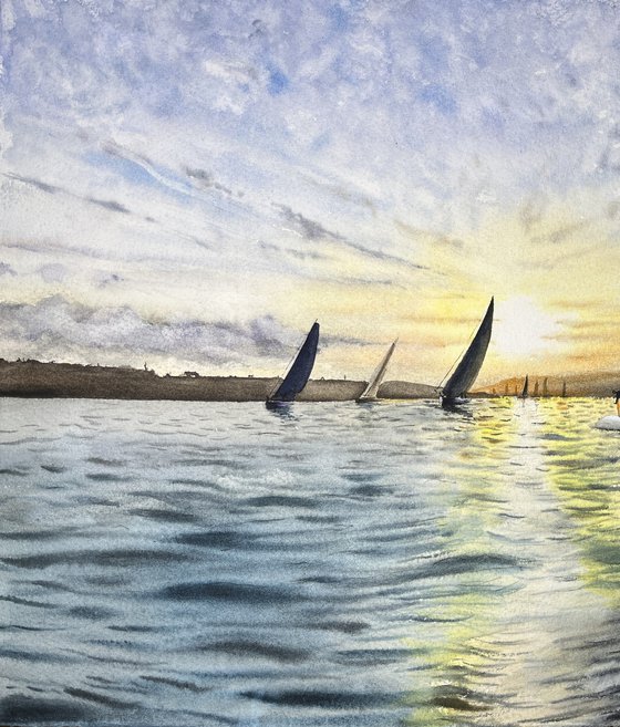 Sailing Race at Sunset.