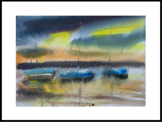 Yachts, original watercolor painting 30x21 cm