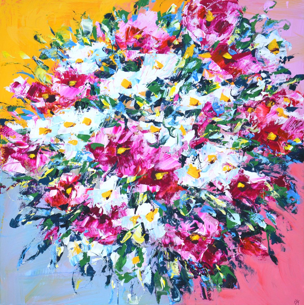 Expressive Botanical Acrylic Painting By Iryna Kastsova, 31 X 31, Pink Bouquet., Original Artwork
